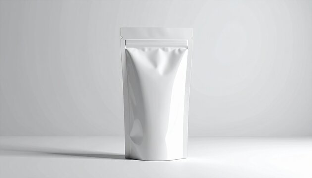 A shiny white resealable stand-up pouch packaging on a clean white surface with a subtle shadow cast on a plain background