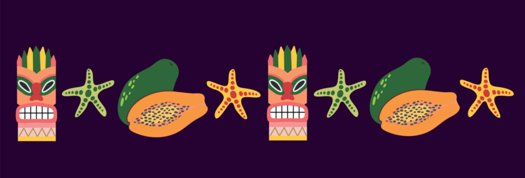 Tiki party horizontal border with tribal masks, papaya fruits and starfish in flat hand-drawn style. Vector illustration of tropical exotic elements for Hawaiian luau banner, summer beach bar menu and