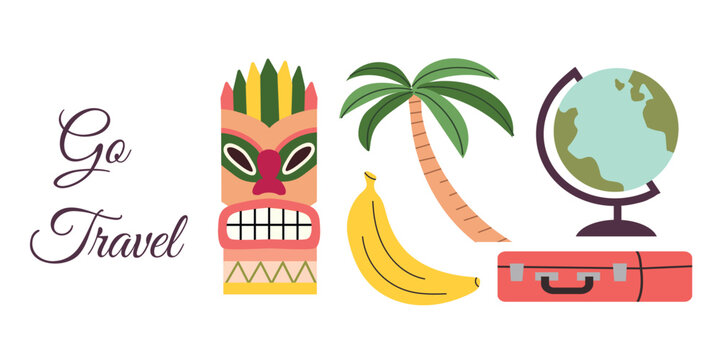 Go Travel horizontal banner with tropical elements and luggage in flat hand-drawn style. Vector illustration of tiki mask, palm tree, banana, globe and red suitcase for vacation planning, tourism agen