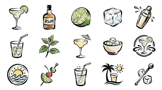 A collection of hand-drawn illustrations depicting various elements associated with cocktails and tropical drinks, including glasses, ingredients, and garnishes.