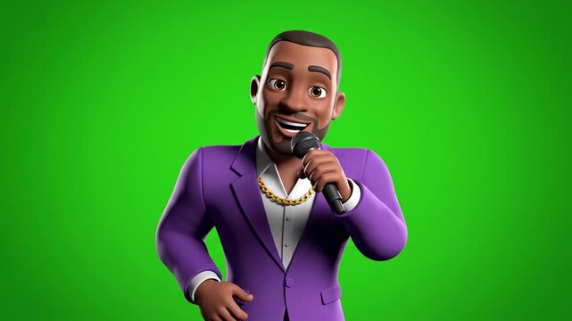 Excited 3D Man in Purple Suit Holding Microphone, Gesturing, Green Screen Background