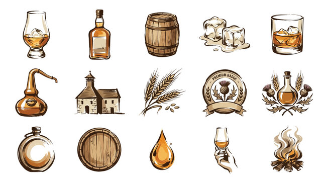 A collection of hand-drawn watercolor illustrations depicting various elements associated with whisky production and enjoyment.