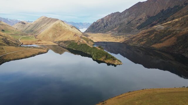 Aerial Pan shot of Moke Lake, New Zealand 