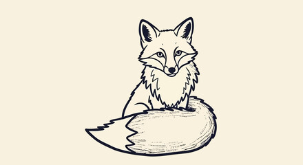 A serene outline sketch vector illustration of a fox sitting calmly outdoors © Crushin