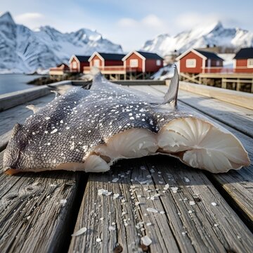 Authentic T&oslash;rrfisk fra Lofoten - Traditional Norwegian Stockfish Dried Cod - Premium Arctic Seafood - Rugged Texture on Rustic Wood - Lofoten Islands Heritage - Professional 8K Photography