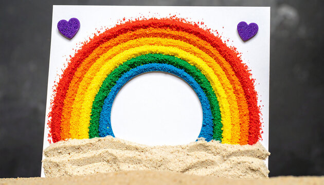 Rainbow craft made with colored sand and glitter hearts on a white background with a sand border