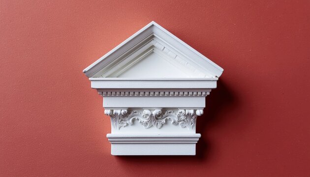 Elegant architectural molding of a white pediment against a textured red wall