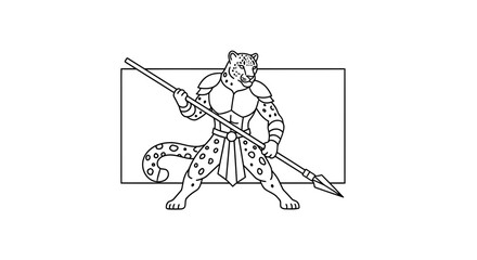 Fototapeta premium Anthropomorphic Leopard Warrior with Spear, Stylized Warrior, Line Art