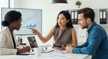 Obraz premium Three diverse business people collaborating around a table with charts meeting office collaboration