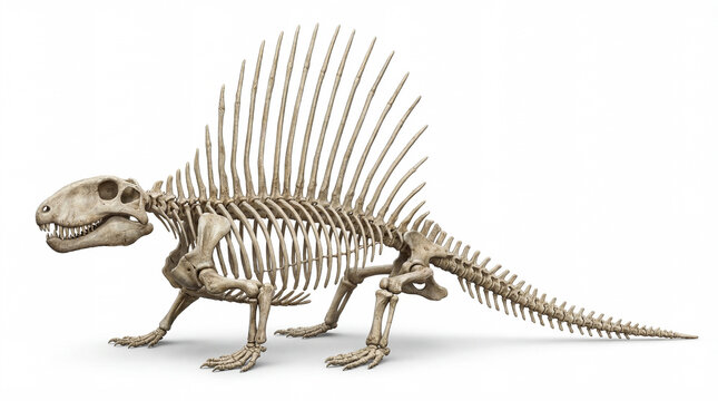Dimetrodon grandis Skeleton Full Body Isolated on White Background with Soft Shadow, Prehistoric Synapsid Skeletal Reconstruction, Ultra Realistic Paleoart