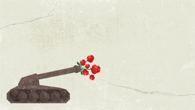 military Tank with red roses at the muzzles of cannon polygon shapes painted on old cement wall fade condition have blank space.