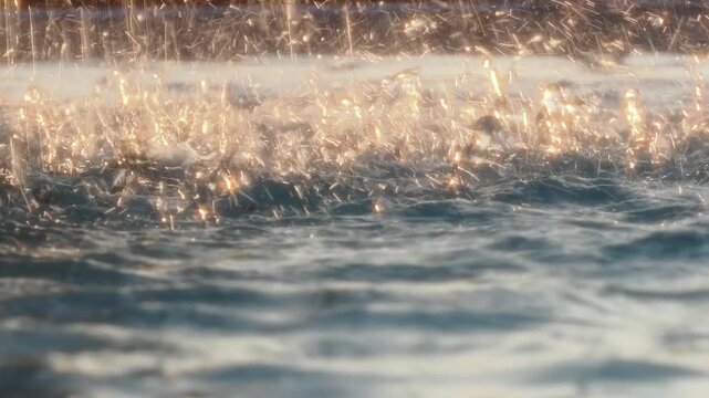Bokeh effect blurring starbursts, light reflections, and water splashes from a fountain.