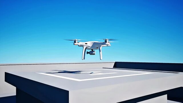 White quadcopter drone landing on helipad platform against clear blue sky