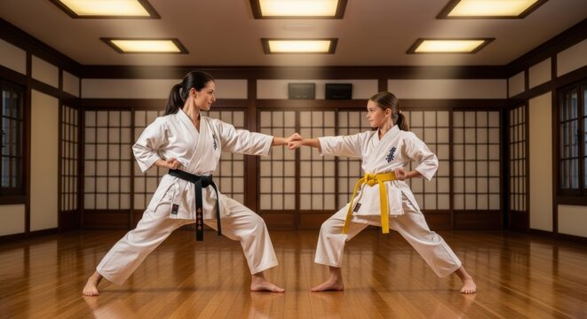 Two women in karate uniforms practicing martial arts in a traditional dojo with wooden floors and sliding paper doors.