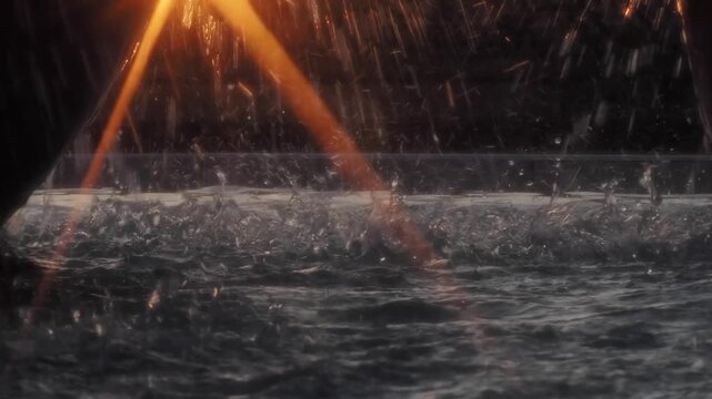 Bokeh effect blurring starbursts, light reflections, and water splashes from a fountain.