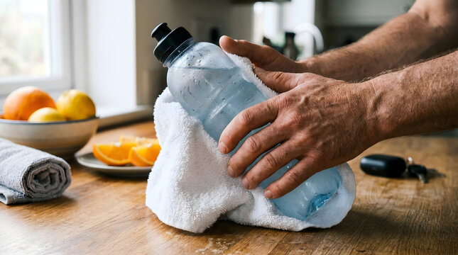 man hands drying cold plastic water bottle with white towel on kitchen table after gym workout with fresh oranges in background representing fitness hydration and healthy lifestyle