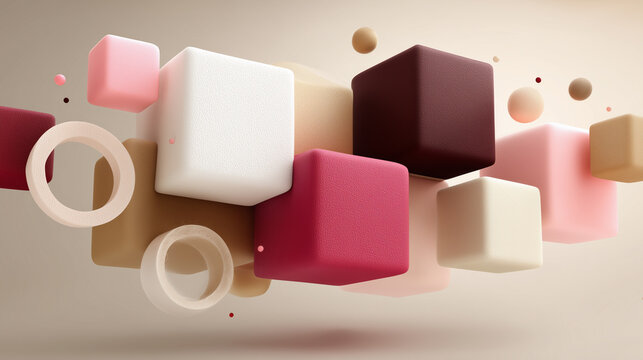 パステルカラーの立方体と球体が浮遊する3D幾何学抽象背景