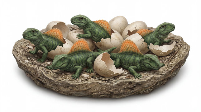 Dimetrodon grandis Hatchlings Close-Up in Nest Isolated on White Background with Soft Shadow, Baby Prehistoric Synapsids and Eggs, Ultra Realistic Paleoart