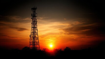Fototapeta premium A dramatic sunset silhouettes a tall telecommunication tower against a vibrant orange and yellow sky, symbolizing modern connectivity.