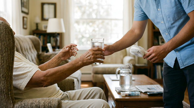 young man helping senior person during summer heat wave by providing a glass of cold water and a portable electric fan for cooling and comfort in a bright living room setting