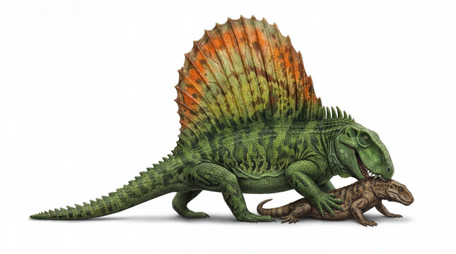 Dimetrodon grandis Holding Prey to the Ground with Feet Isolated on White Background with Soft Shadow, Prehistoric Synapsid Predator, Ultra Realistic Paleoart