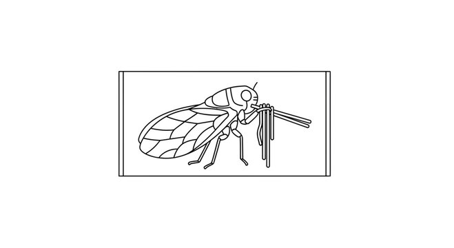 Close-up illustration of a cicada insect feeding on plant stems, line art