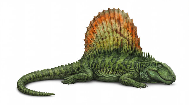 Dimetrodon grandis Lying Down Sleeping Isolated on White Background with Soft Shadow, Resting Prehistoric Synapsid, Ultra Realistic Paleoart