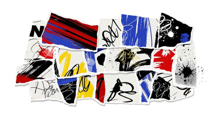 Obraz premium Abstract Collage of Torn Paper with Bold Colors and Scribbles