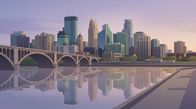 Minneapolis Skyline with Stone Arch Bridge Vector Illustration