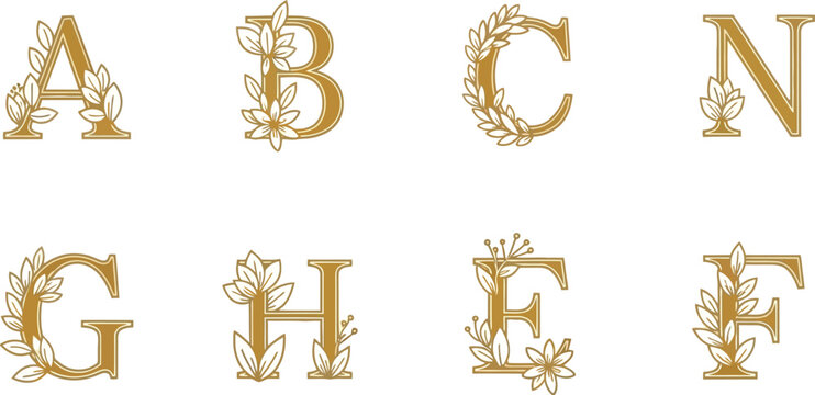 Elegant gold alphabet letters decorated with botanical floral elements perfect for wedding invitations branding and decorative design