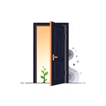 A small green plant grows inside a room through an open wooden door