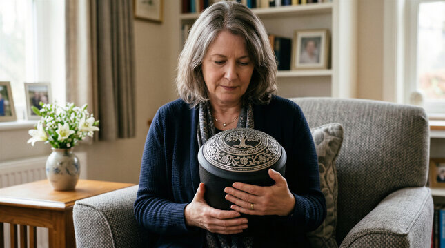 Woman experiencing grief holding a decorative funeral urn