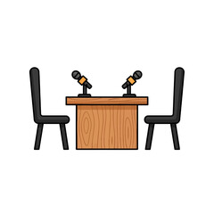 Fototapeta premium A wooden table with two microphones and chairs for a podcast recording session