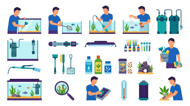 Flat Vector Illustration of Aquarium Care, Fish Tank Maintenance, and Pet Hobby Equipment Icons