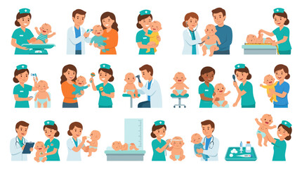 Fototapeta premium Pediatric Care Flat Vector Illustration Set with Doctors, Nurses, and Babies During Medical Check-ups