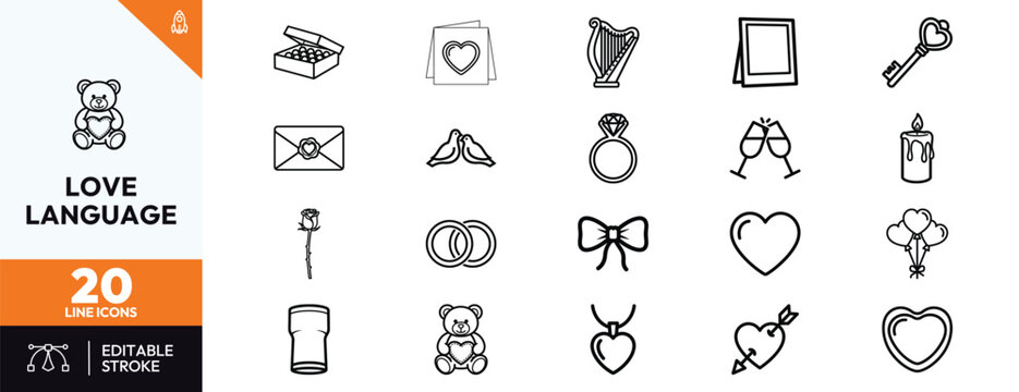 Set of twenty minimalist line icons representing various symbols of love romance and celebration including hearts wedding rings teddy bear and flowers for valentines day or anniversary designs