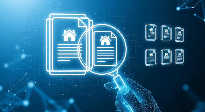 Glowing blue documents with house under magnifying glass
