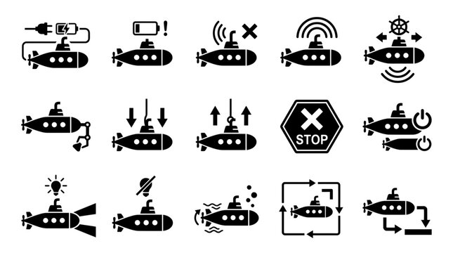 Collection of submarine icons depicting essential operations and states including charging, communication, movement, and research, suitable for marine engineering and naval applications.
