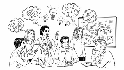 Obraz premium Dynamic black and white line drawing of diverse business people brainstorming, collaborating, and problemsolving in a meeting, ideal for illustrating teamwork and strategy.