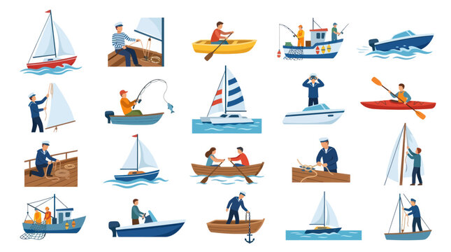 Nautical Boating and Sailing Flat Vector Illustration Set with People and Boats