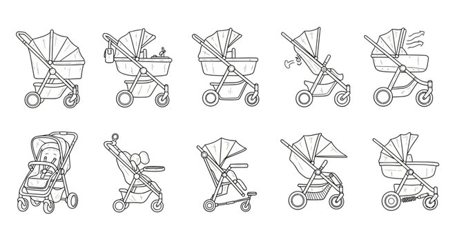 Set of various baby strollers and prams in outline style, ideal for illustrating childcare products, infancy equipment, and parenting concepts.