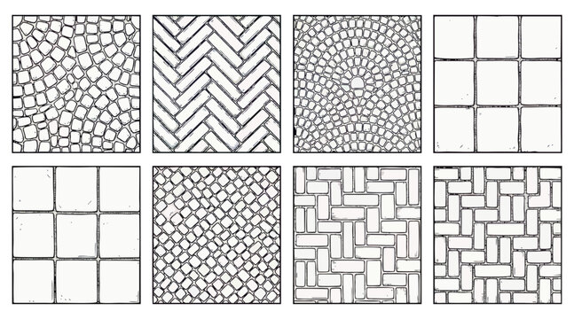 Detailed vector graphic illustration featuring a diverse collection of eight distinct monochrome paving stone patterns, ideal for architectural and landscaping designs.