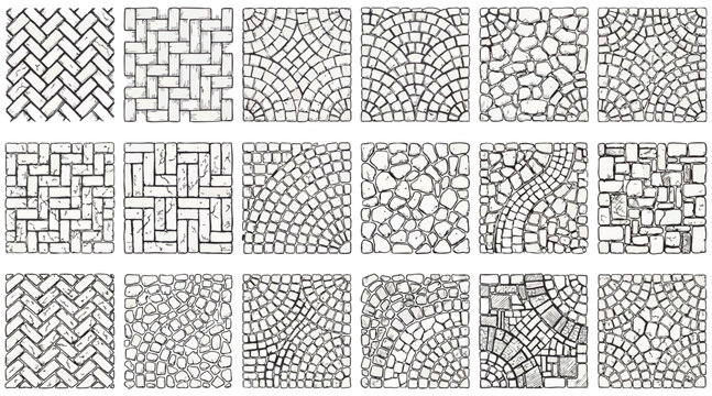 Detailed collection of hand drawn vector graphic stone pavement patterns showcasing various artistic brick textures for architectural landscape design projects