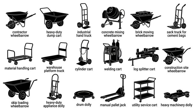 Diverse black silhouette icons of material handling equipment such as wheelbarrows, carts, and dollies, ideal for industrial, construction, and warehouse related projects.