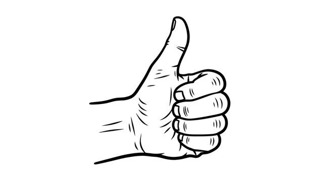 Black and white line art depicting a hand making a thumbsup gesture, symbolizing agreement, success, and positive feedback for diverse media.