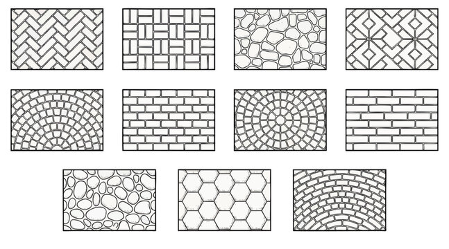 A diverse collection of vector illustration designs showcasing various paving patterns, including brick, stone, and intricate geometric arrangements for design projects.