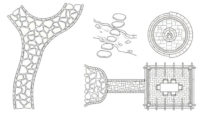 Hand drawn vector illustration collection showing landscape architecture design elements like stone pathways fire pits and a wooden patio pergola