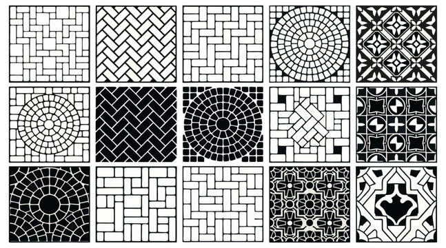 Collection of diverse vector paving patterns, showcasing various brick, tile, and circular designs, ideal for architectural and landscaping design projects.