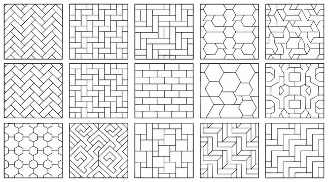 Collection of diverse seamless vector graphic patterns featuring geometric shapes and architectural paving textures for modern interior design and surface projects