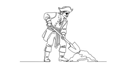 Fototapeta premium Continuous line drawing of a pirate with an eyepatch and tricorne hat, actively digging with a shovel. Ideal for adventure, treasure hunt, or historical themed projects and storytelling.